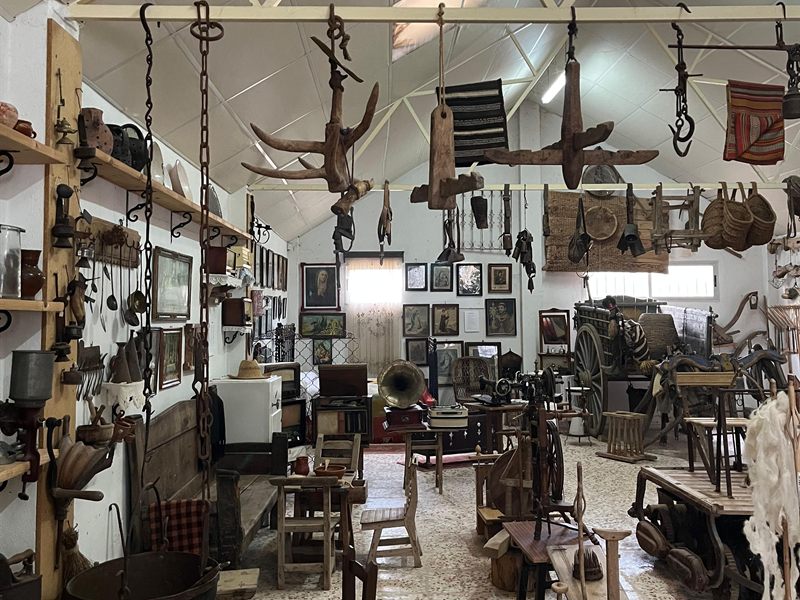 Sala principal del museo, con yugos y aperos colgados del techo, vitrinas, sillas y un gramófono